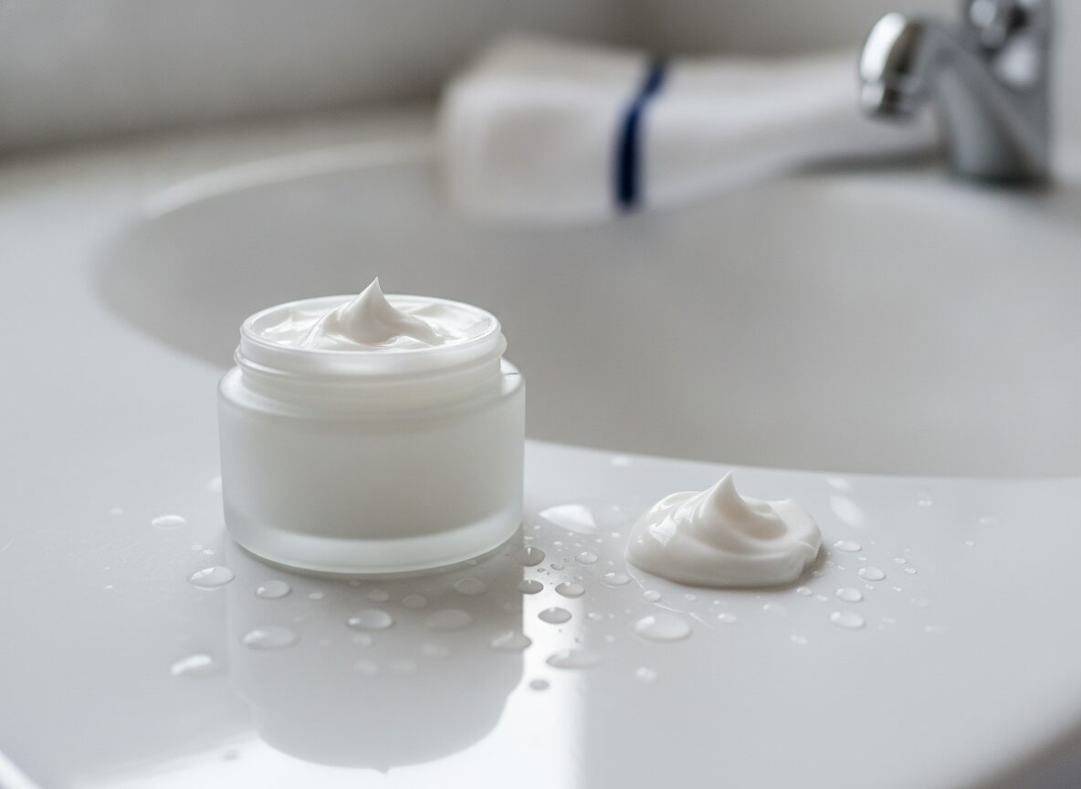 An open jar of thick white moisturizer beside a fresh dab of cream and scattered water droplets on the white edge of a bathroom sink