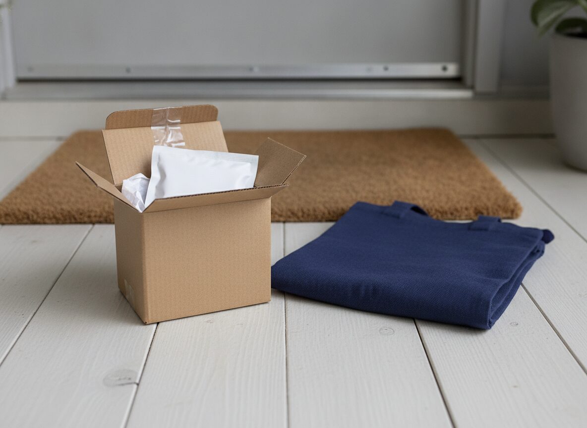 Accutane pharmacy delivery: an opened plain cardboard box with a sealed white pouch inside, on porch boards beside a folded navy tote and a doormat