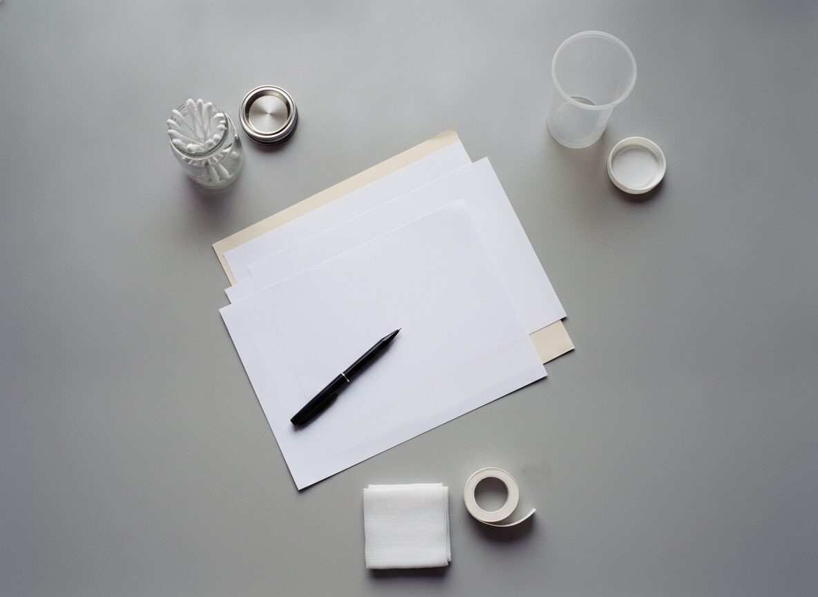 Overhead view of three overlapping sheets of blank white paper on a manila folder with a black pen, a glass jar of cotton swabs with its steel lid beside it, an empty clear specimen cup with its white lid, a folded gauze square and a roll of white tape on a grey surface.