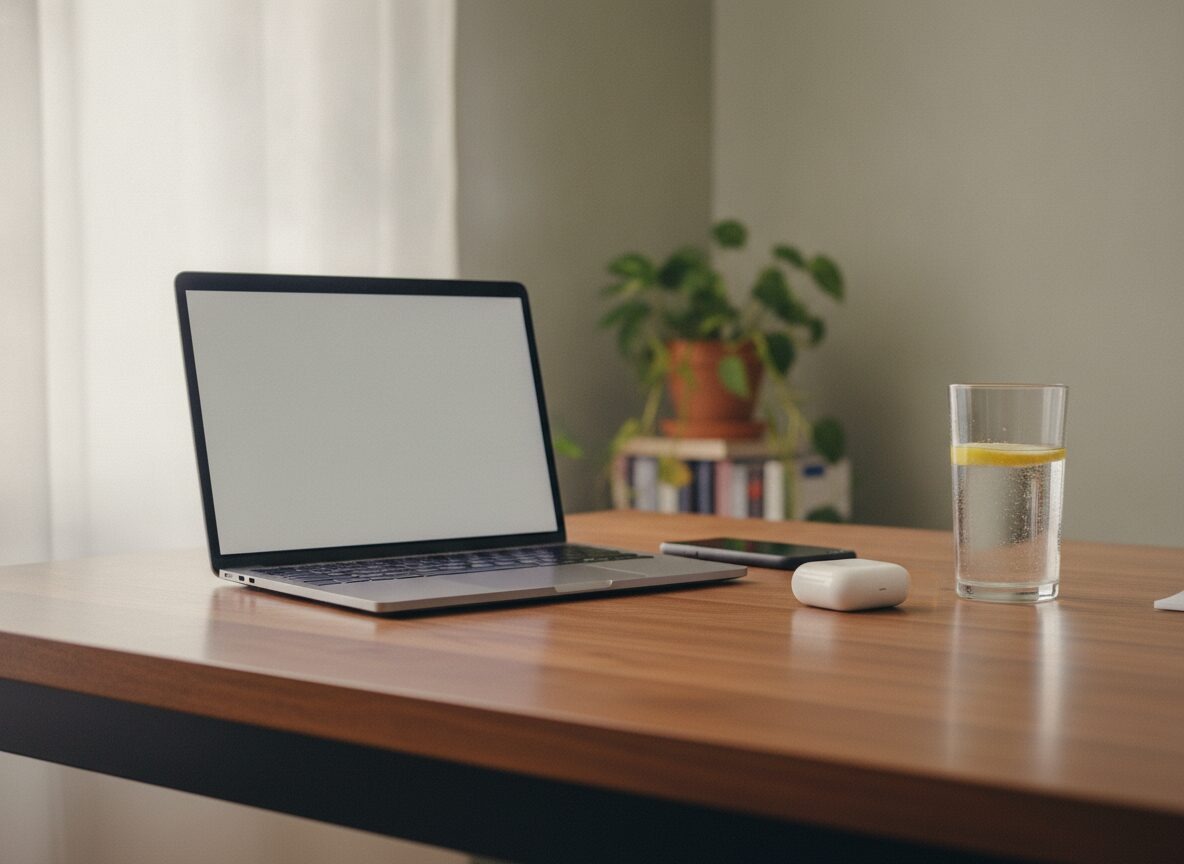 An open laptop with a blank grey screen stands on a wooden table beside a dark smartphone, a white earbud case and a glass of water with a lemon slice, with a potted plant on a bookshelf and a white curtain behind.
