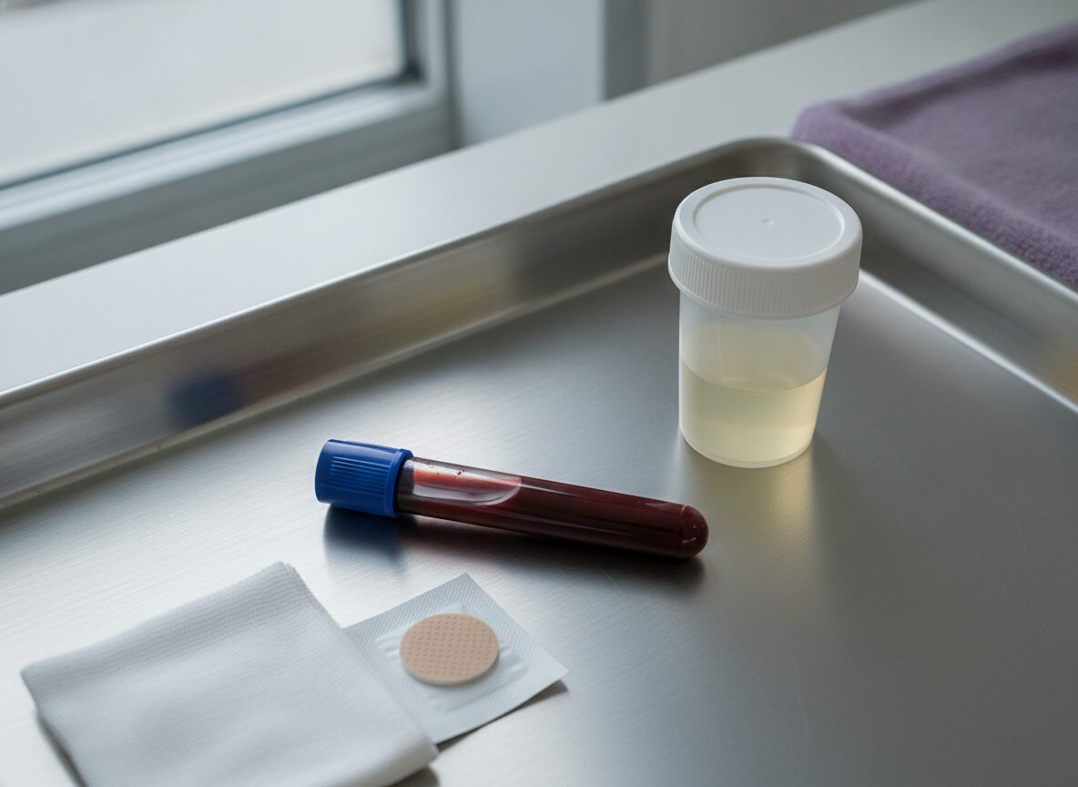 A capped blood collection tube and a lidded urine specimen cup on a stainless steel lab tray