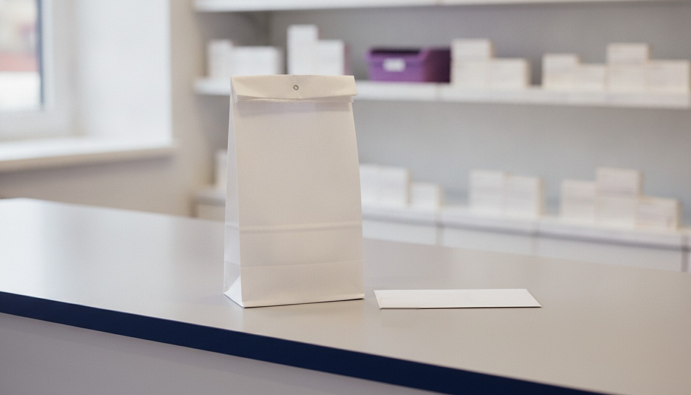 Accutane prescription window timing: a folded, stapled white pharmacy bag waiting on a pickup counter, with blurred pharmacy shelves behind it