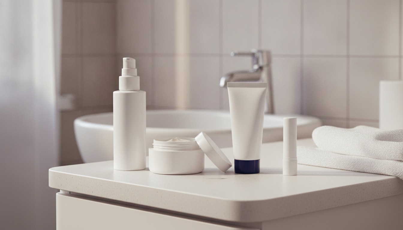 A white pump bottle, an open jar of cream, a white squeeze tube with a navy cap and a lip balm stick stand on a pale bathroom vanity top beside a folded white towel, with a basin and faucet behind them.