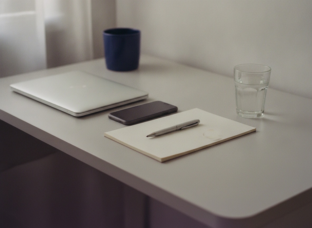 A closed silver laptop, a smartphone lying flat and a blank notepad with a pen sit on a light grey desk beside a glass of water, with a navy mug behind them.