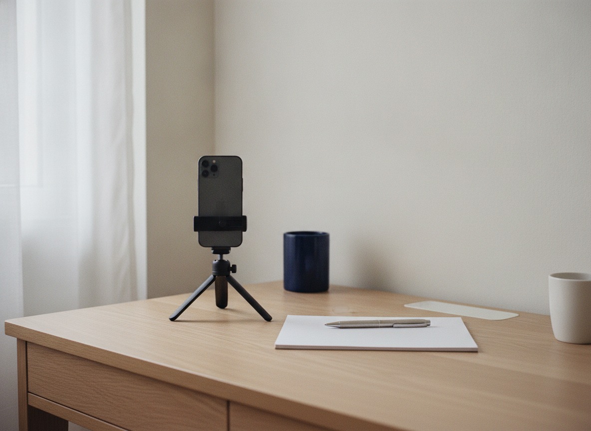 A smartphone stands upright in a small black tabletop tripod on an oak desk beside a blank notepad with a pen, a navy mug and a white cup, with a window and white curtain at the left.