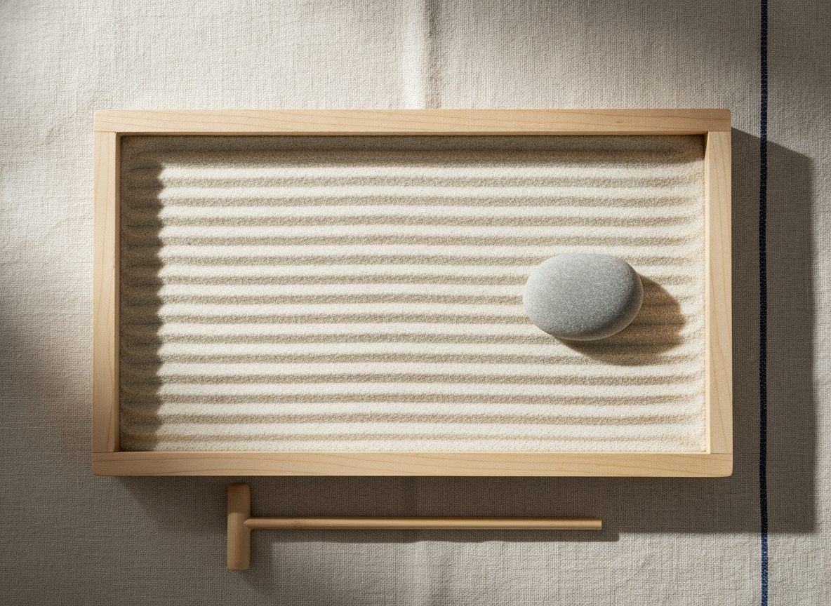 A light wooden tray of pale sand with evenly raked parallel lines and one smooth grey stone near the right edge sits on a linen cloth with a navy stripe, with a small wooden rake lying below the tray.