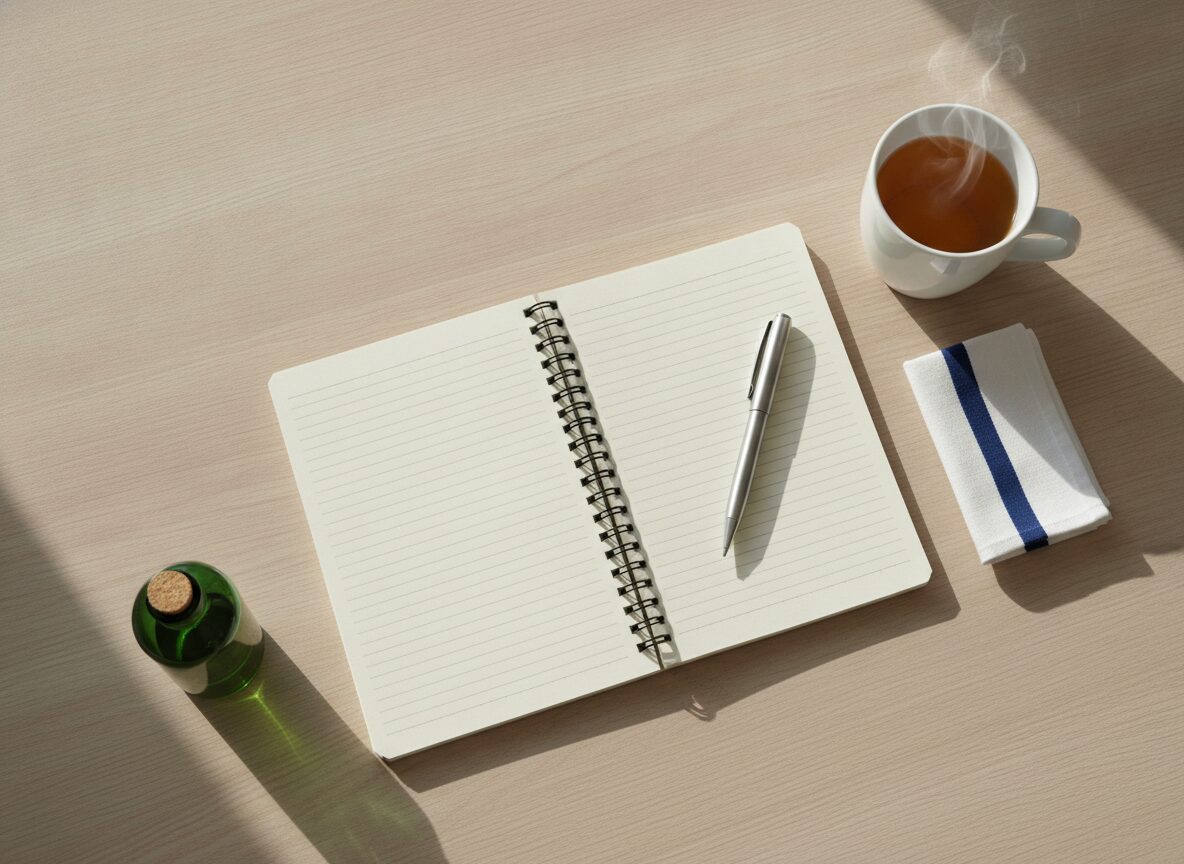 An open spiral notepad with blank ruled pages and a silver pen on the right page lies on a pale wood desk beside a white mug of steaming tea, a folded white cloth with a blue stripe and a small green glass bottle with a cork.