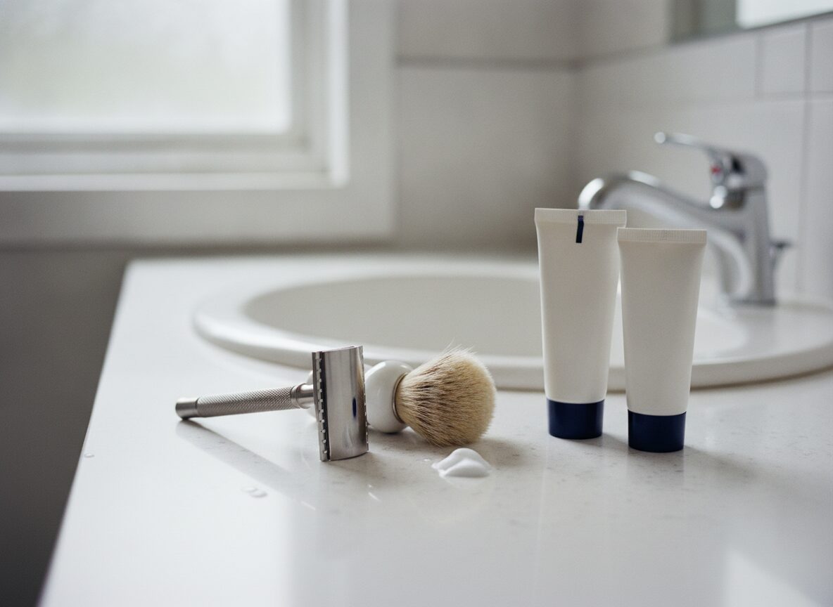Shaving on Accutane: a safety razor, shaving brush, plain moisturizer tube and sunscreen tube on the edge of a white bathroom sink