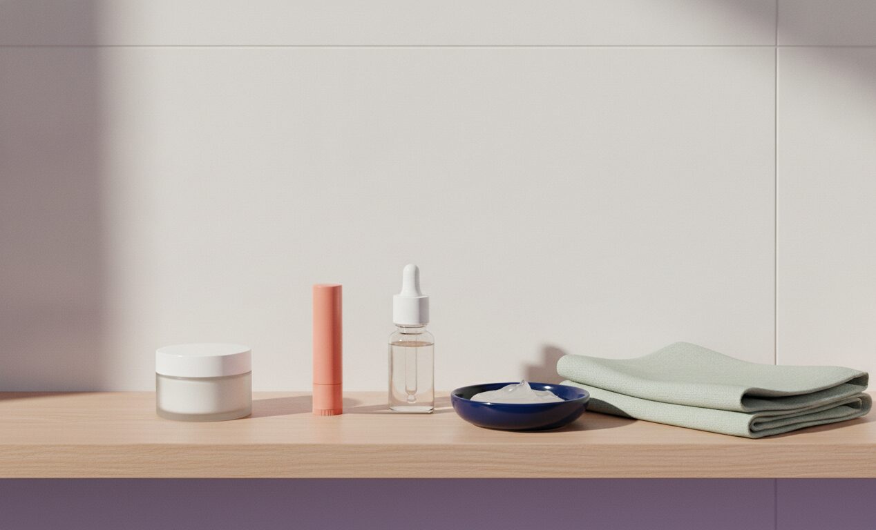 A pale oak shelf in front of a white tile wall holding a jar of cream, a coral lip balm tube, a clear dropper bottle, a navy dish of clear ointment and a folded sage-green washcloth.