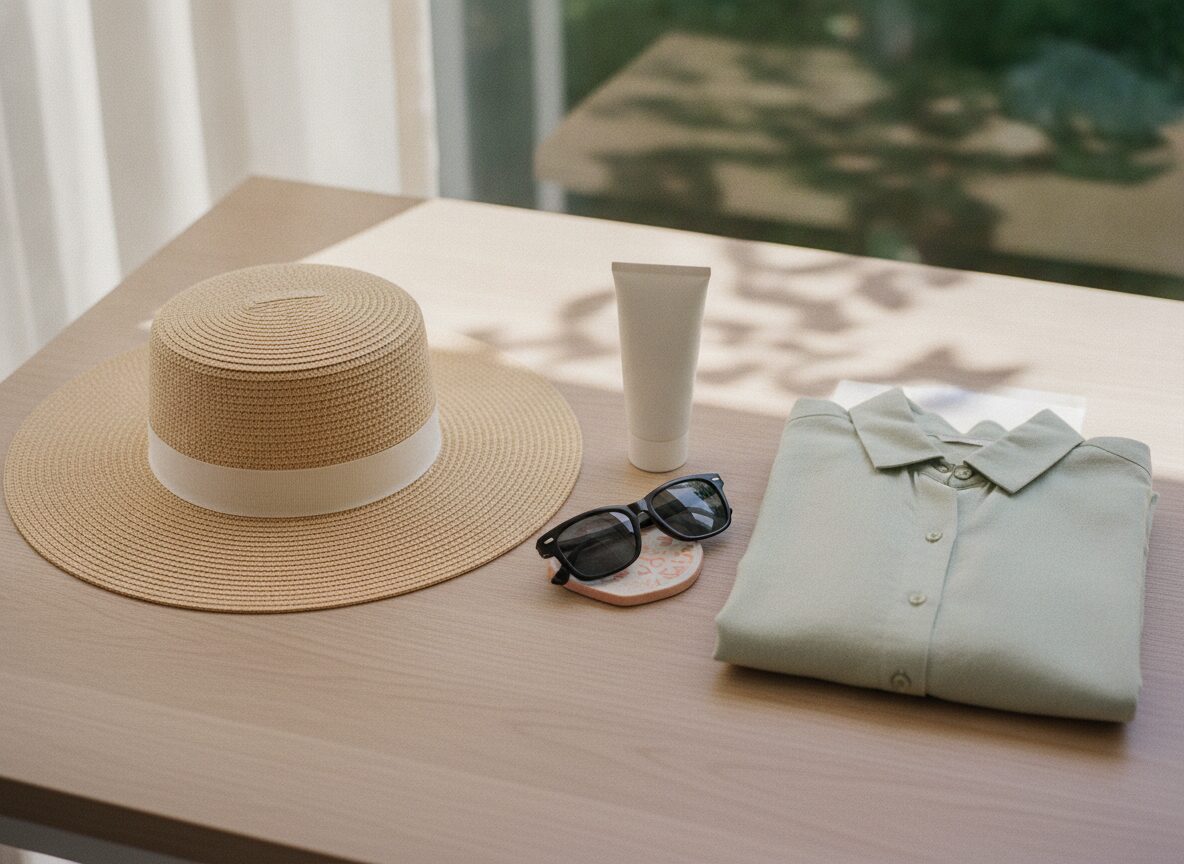 A wide-brimmed straw hat, a plain white sunscreen tube, black sunglasses and a folded sage-green shirt on a wooden table by a window in dappled shade.