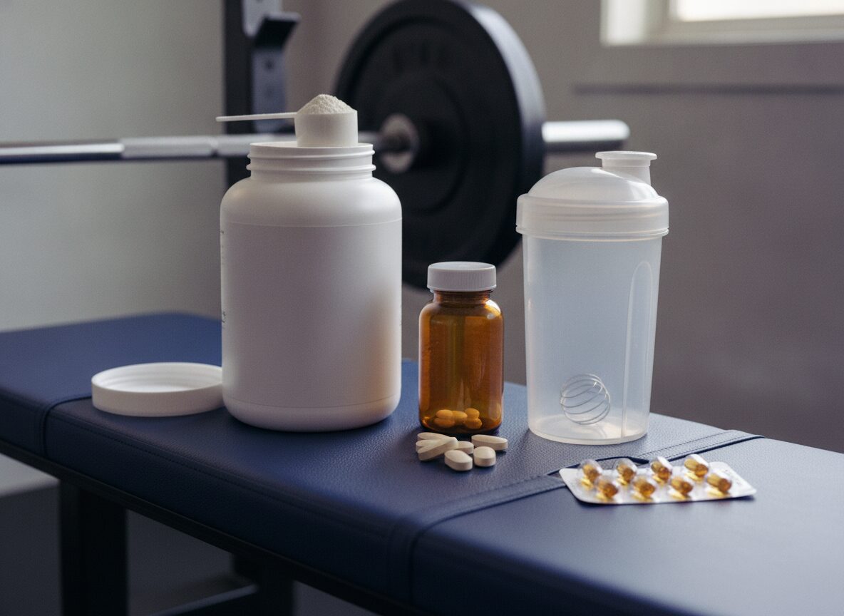 Accutane and supplements: an unlabeled protein tub, vitamin bottle, shaker and isotretinoin blister strip on a weight bench