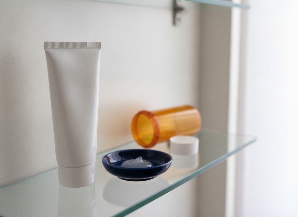 A plain white tube of topical acne gel, a dab of clear gel in a small navy dish and an empty amber pharmacy bottle on its side on a glass cabinet shelf, the topical plan that follows doxycycline