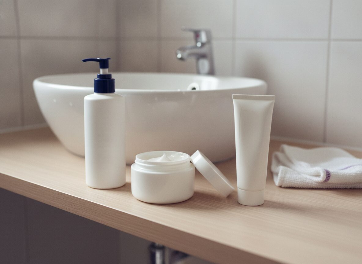 An unlabeled pump bottle, an open jar of white cream and an upright squeeze tube on a pale wood shelf in front of a white sink, with a folded cloth at the right