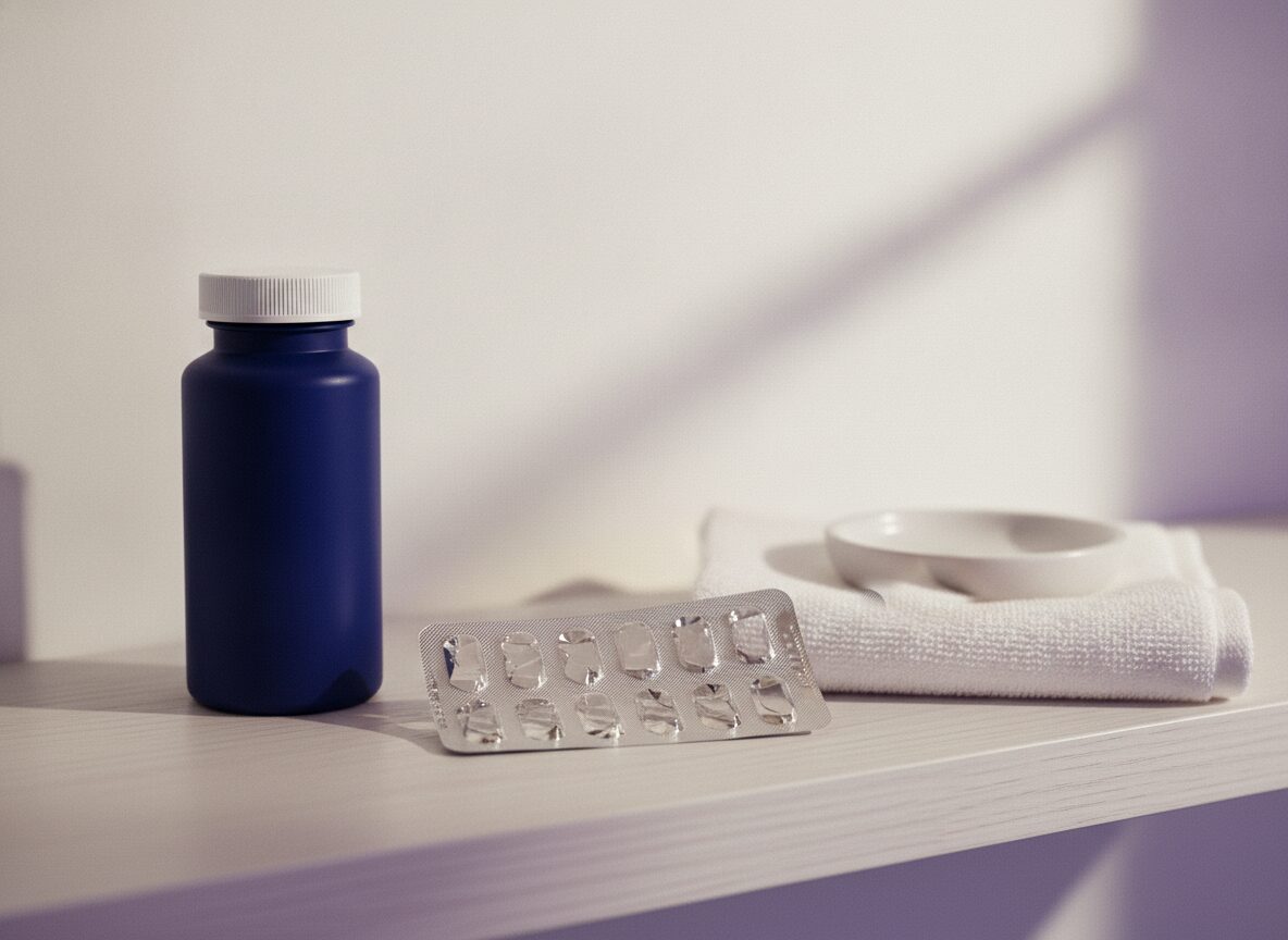 Empty blister card and a navy pharmacy bottle on a white shelf beside a folded washcloth and an empty dish