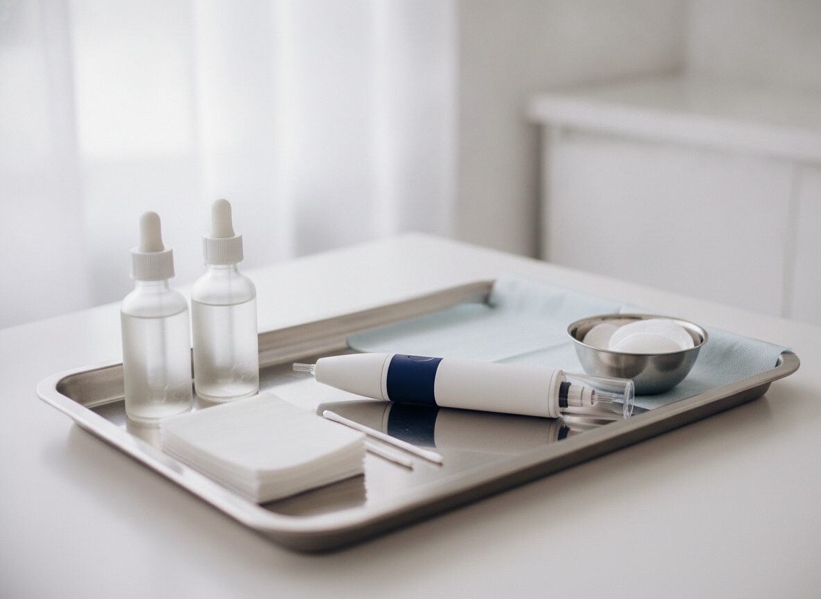 Steel tray with a microneedling pen, two dropper bottles, gauze squares and cotton rounds in a white treatment room