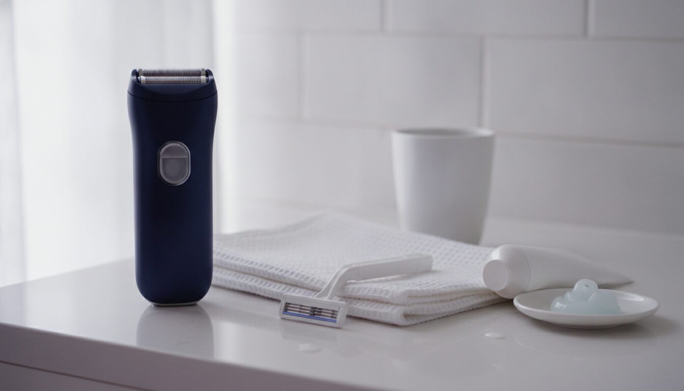 Navy electric shaver, a disposable razor on a folded white towel, and a dish of shaving gel on a white bathroom counter