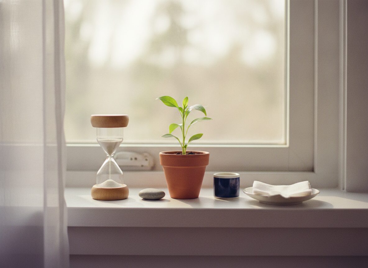 A glass sand timer with wooden ends, a terracotta pot holding a young green plant, a grey pebble, a small dark blue cup and a white saucer with a folded white cloth stand along a white windowsill in front of a bright window.