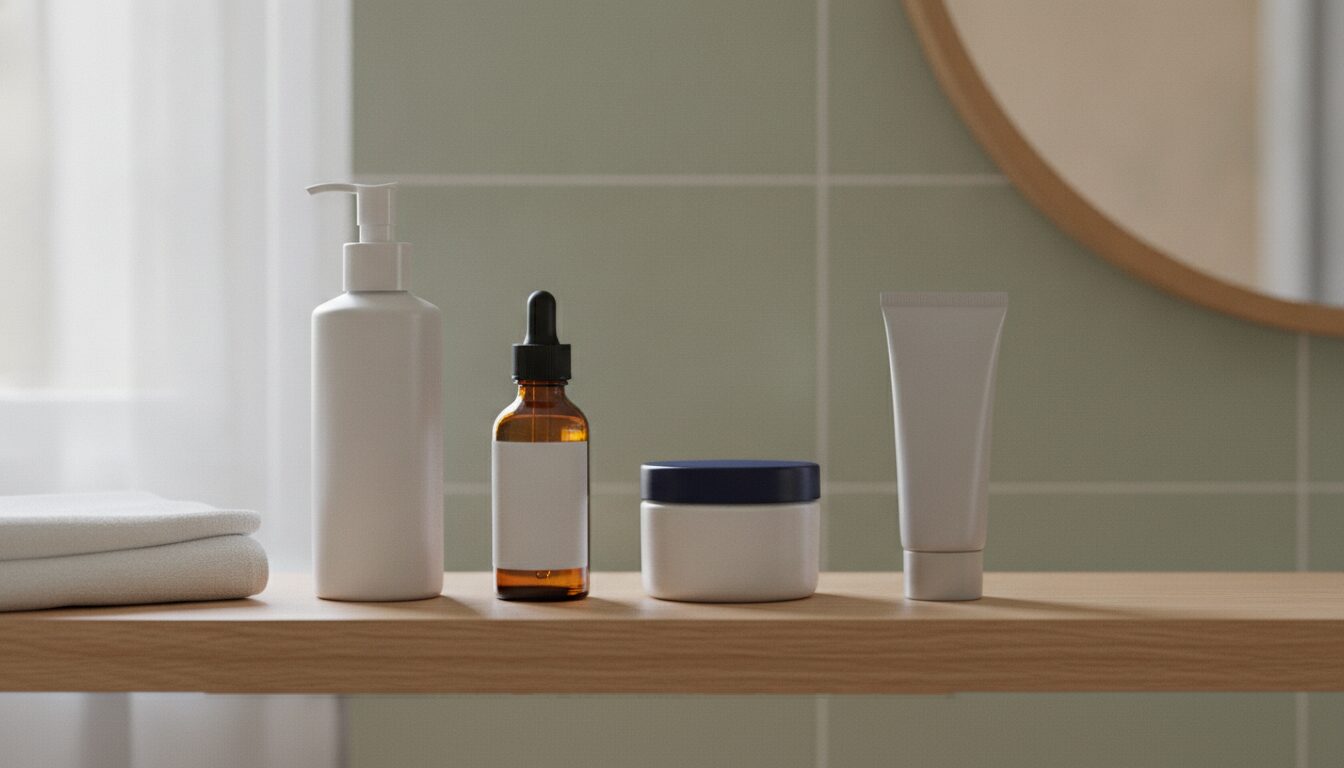 A white pump bottle, a small amber glass dropper bottle with a blank white label, a white jar with a navy lid and a grey squeeze tube stand in a row on a pale oak shelf, with a folded white towel at the left and the edge of a round wooden mirror at the upper right.