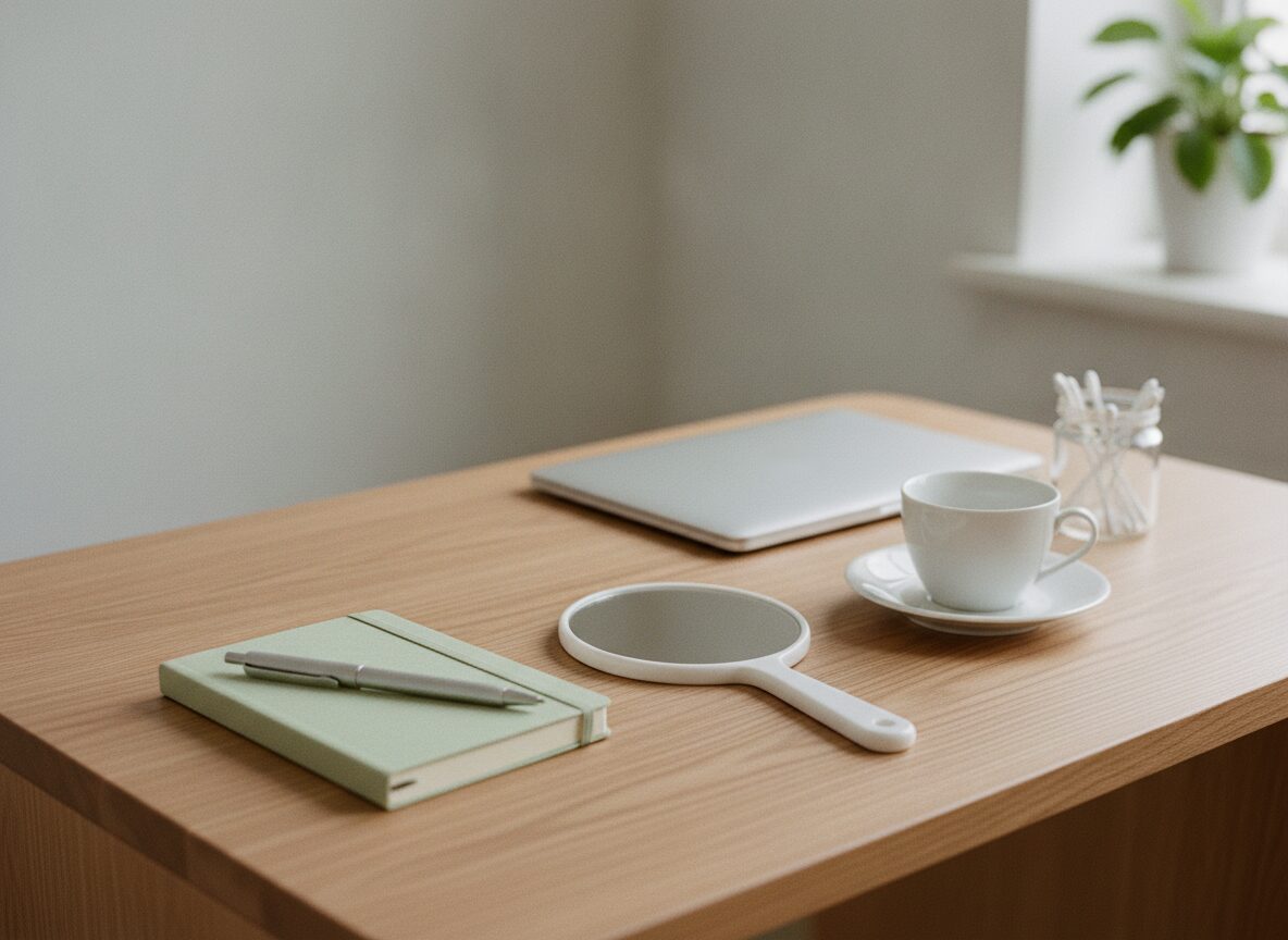 A pale green notebook with a silver pen on top, a white hand mirror, a closed silver laptop, a white cup on a saucer and a glass jar of cotton swabs sit on a light wooden desk, with a potted plant on a windowsill behind.