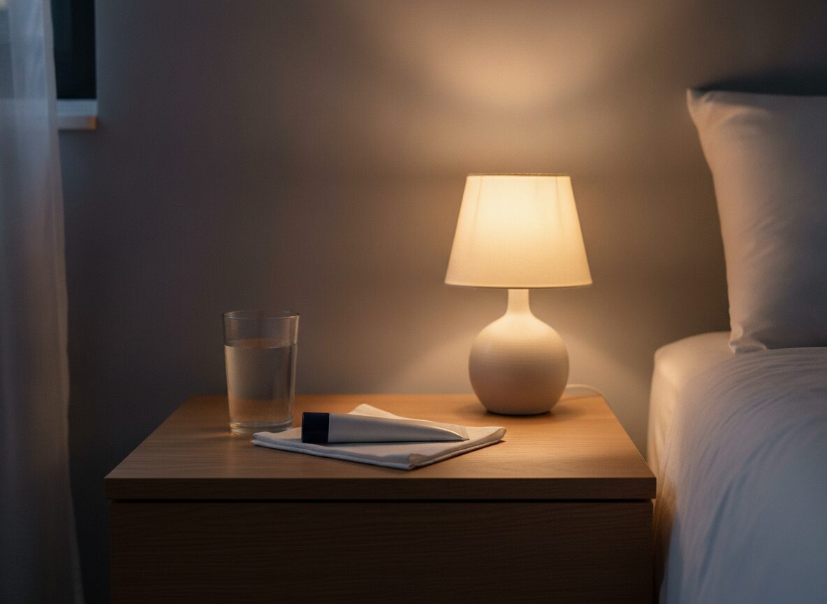 A plain white tube with a navy cap lies on a folded linen cloth on an oak nightstand beside a glass of water and a lit lamp.