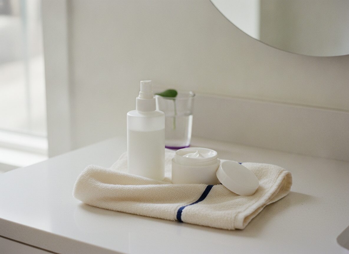A folded cotton towel, an unlabeled spray bottle and a small white jar of moisturizer sit on a white vanity top.