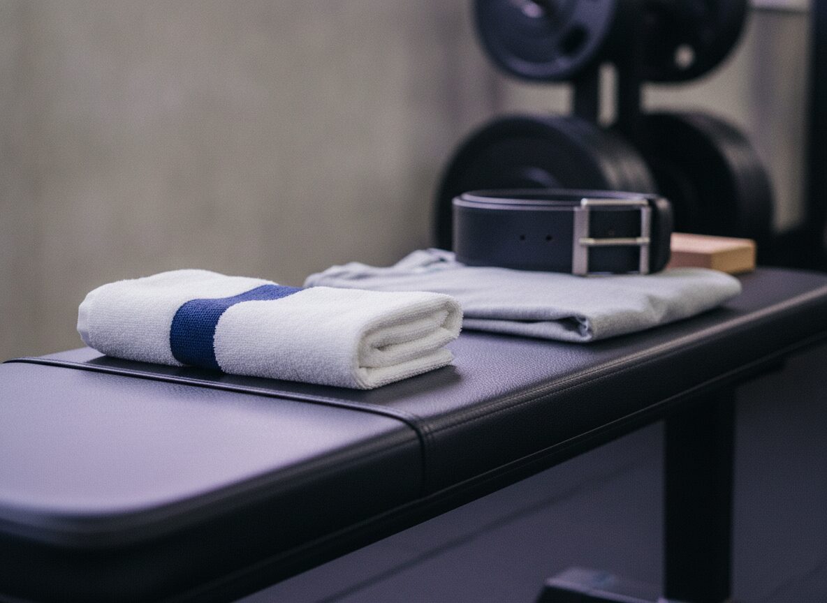 Adult acne in men and the gym: a clean folded towel and fresh workout shirt laid on a weightlifting bench