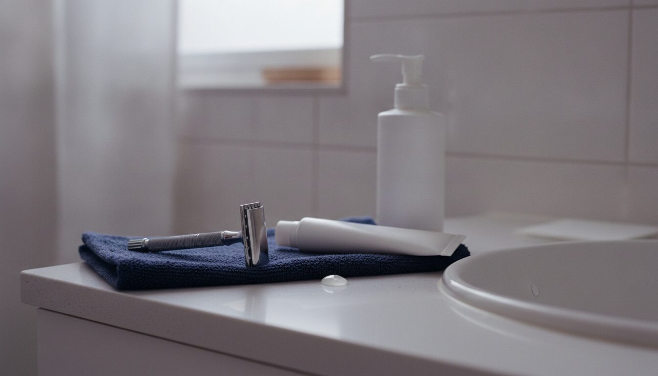 Adult acne men treatment: a razor, a plain acne gel tube and a gentle cleanser on a bathroom counter