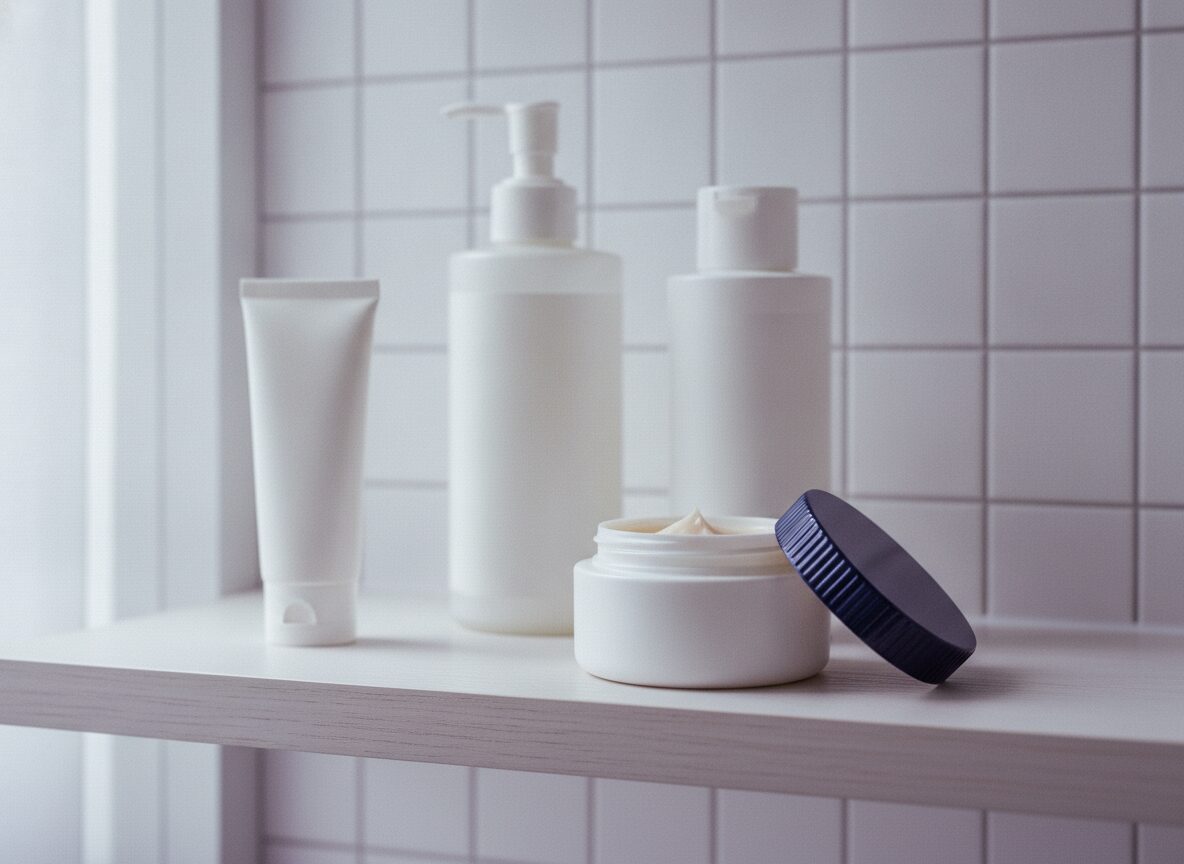Over-the-counter adult acne treatment for men: four plain unlabeled acne product tubes and bottles on a bathroom shelf