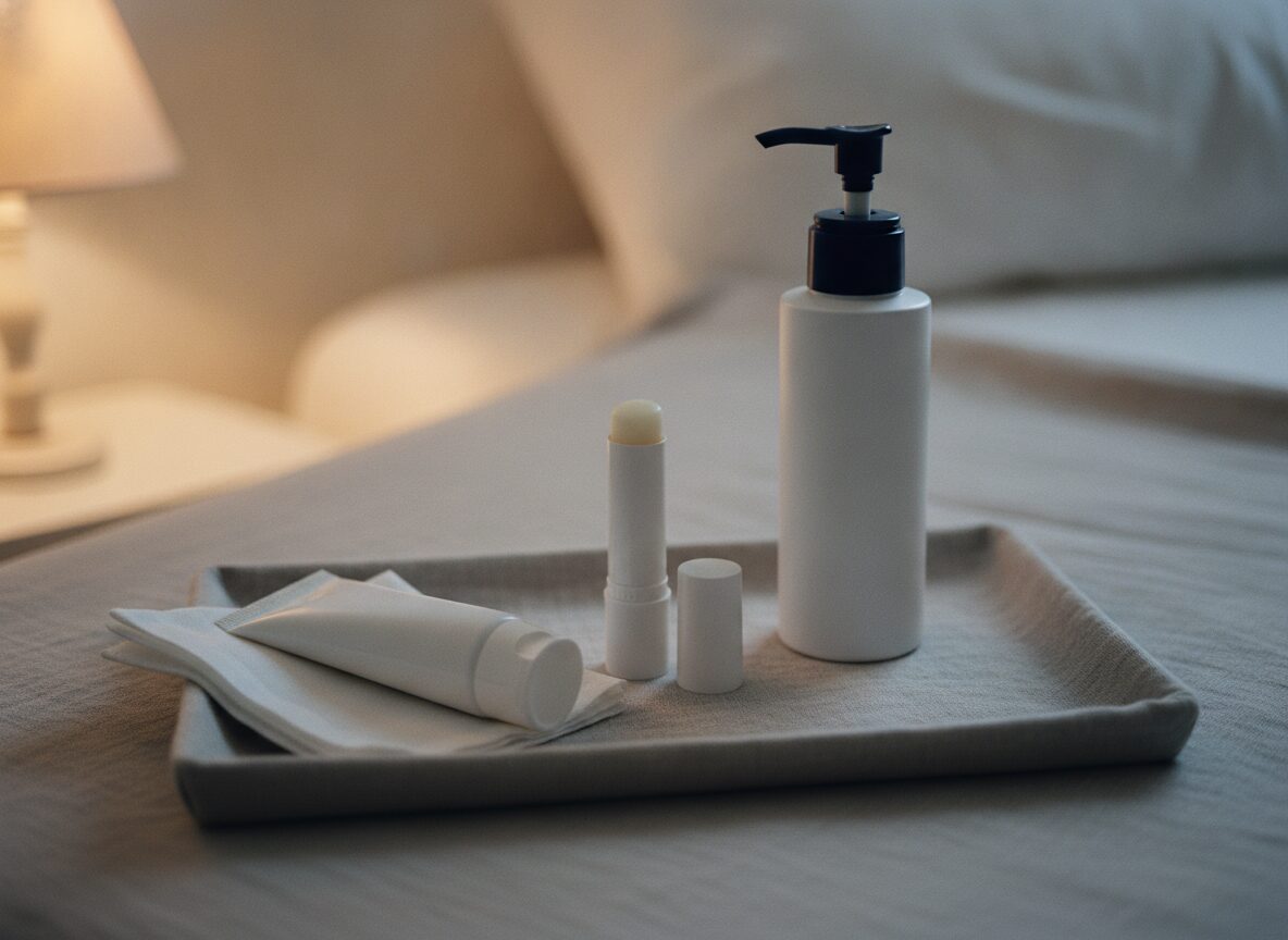 A capped squeeze tube on a folded white cloth, an uncapped lip balm stick and a white pump bottle on a grey linen tray, with a lamp glowing behind