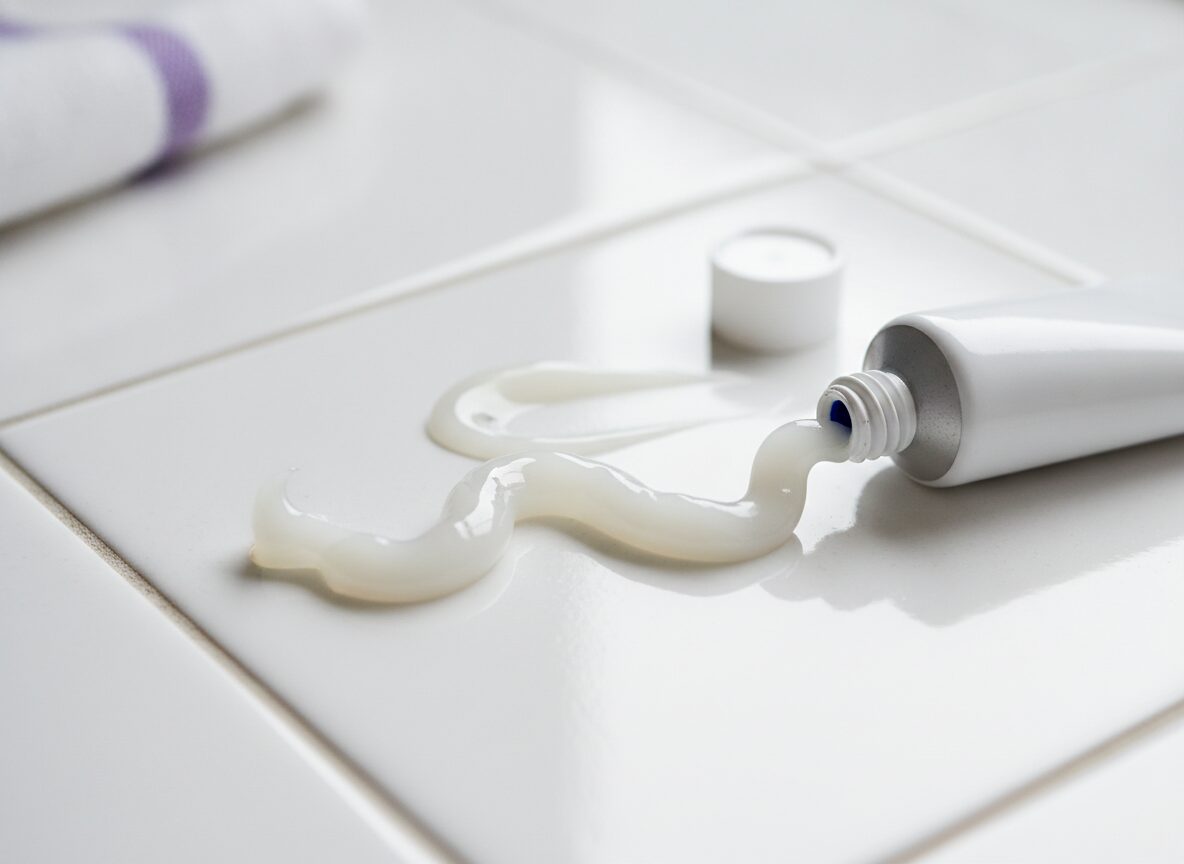 A small white squeeze tube with its cap off beside a curving ribbon and a small smear of glossy off-white ointment on white ceramic tiles