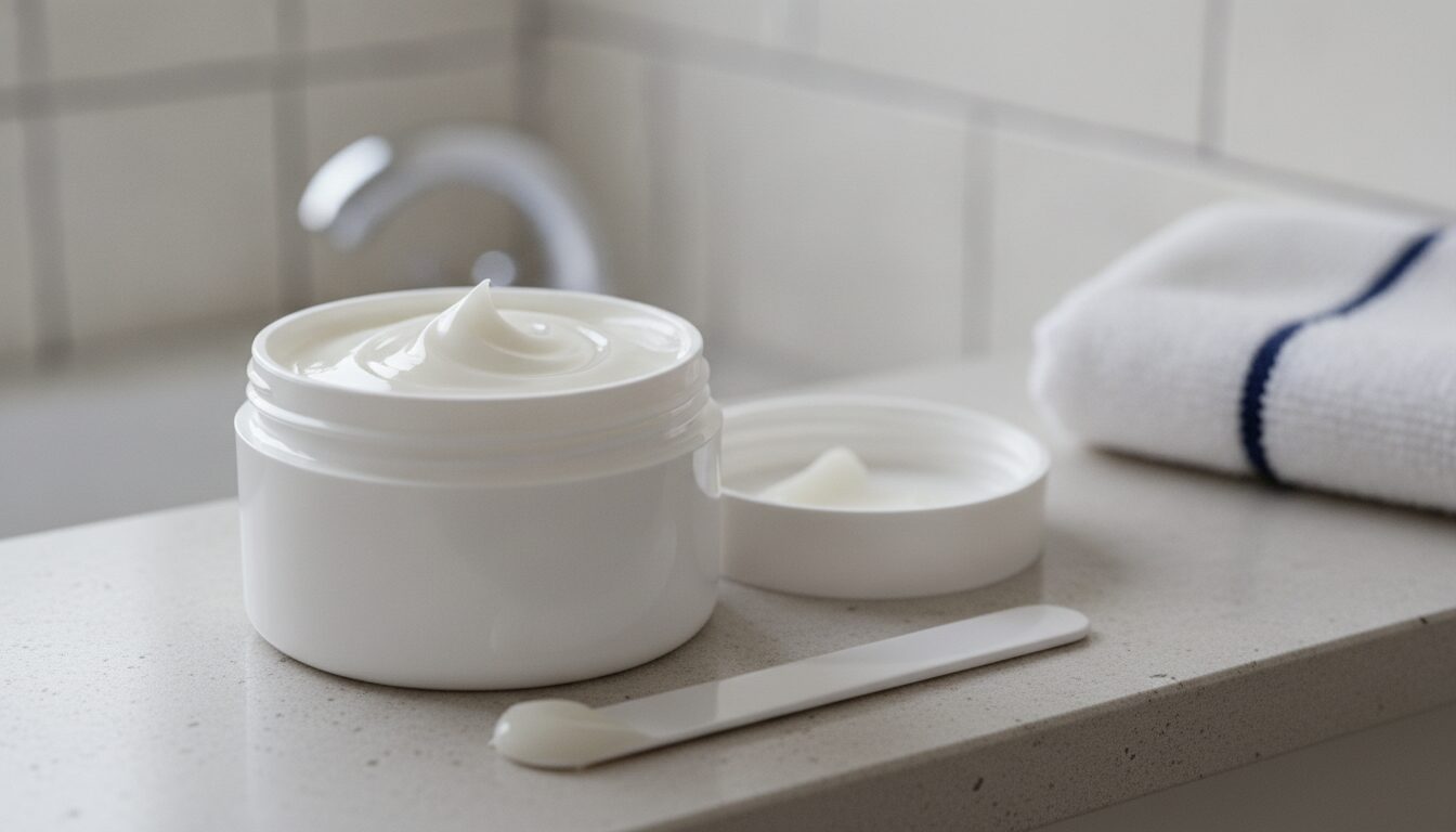 An open, unlabeled white tub of thick white ointment with a swirl on top, its lid and a small spatula on a speckled stone bathroom shelf
