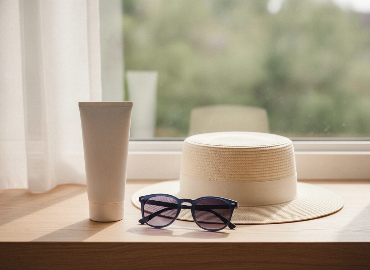 A white tube standing upright on a wooden windowsill beside a pale straw hat and a pair of dark blue sunglasses, in front of a sheer curtain and a window onto blurred greenery.