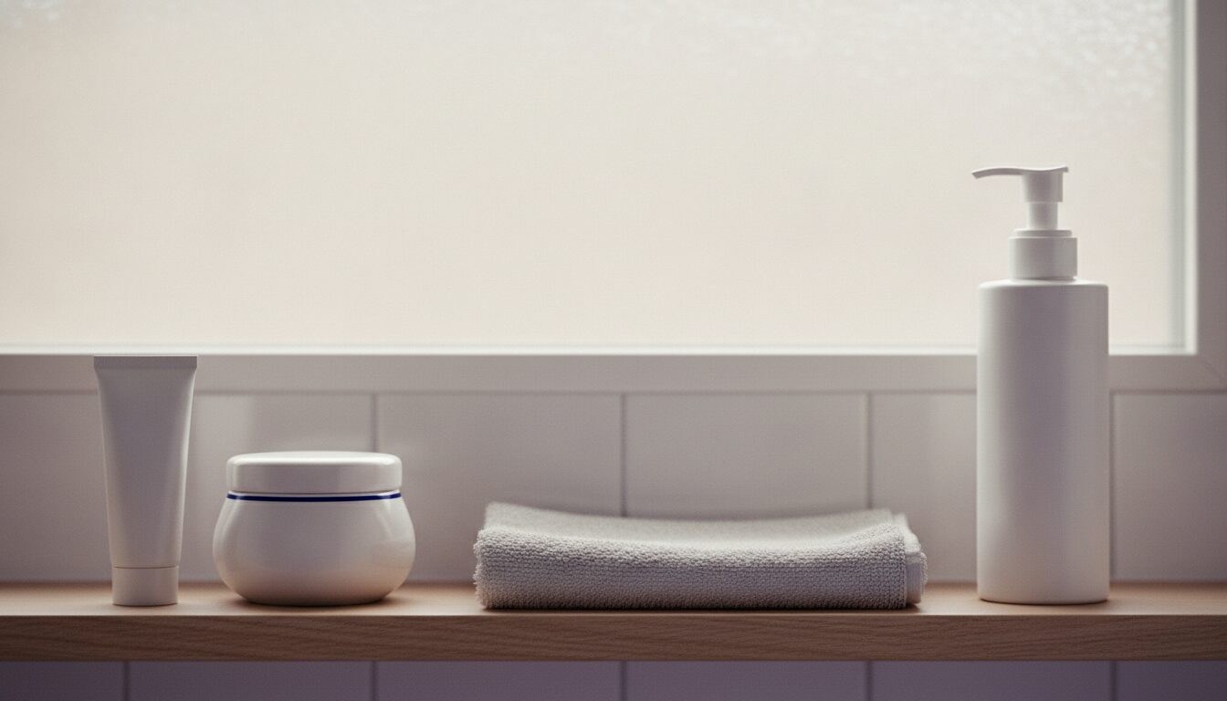 A pale oak shelf in front of a tiled wall and frosted window, holding a white squeeze tube standing upright, a round white jar with a thin navy line, a folded grey towel, and a tall white pump bottle.