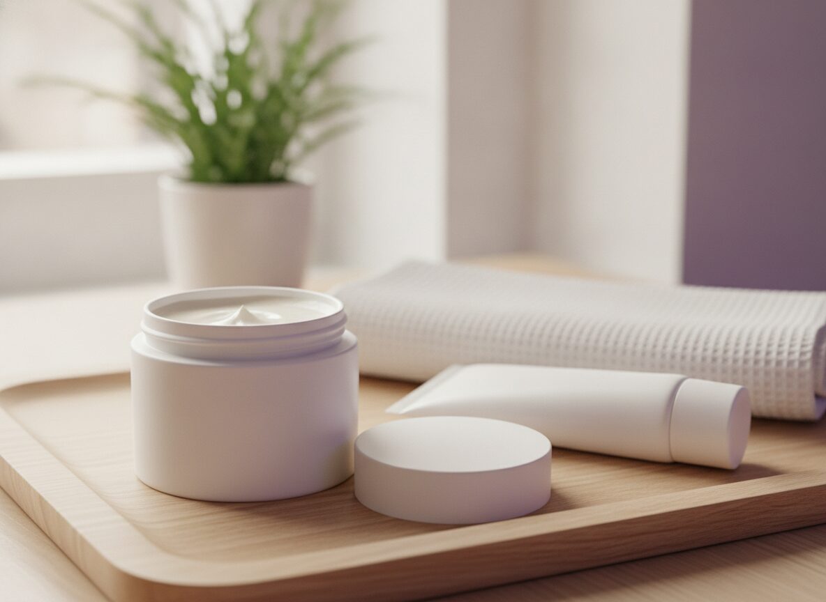 A light oak tray holding an open white jar of plain cream with its lid flat beside it, a white tube lying on its side, and a folded white waffle towel, with a potted green plant blurred behind.