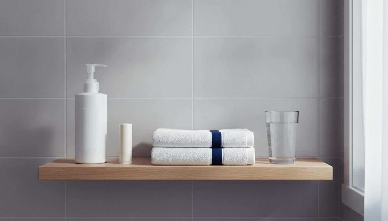 A white pump bottle with no label, a plain cream lip balm stick, a stack of two folded white towels with a navy stripe and a glass of water stand in a row on an oak shelf against a grey tiled wall, with a bright window at the right.