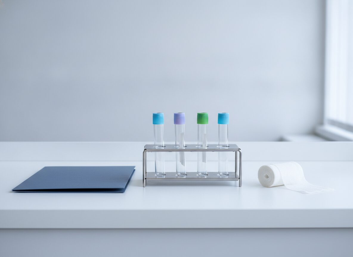 A steel rack holds four clear glass test tubes with caps in light blue, lavender, green and light blue, between a closed dark blue folder on the left and a roll of white gauze on the right, on a white bench.
