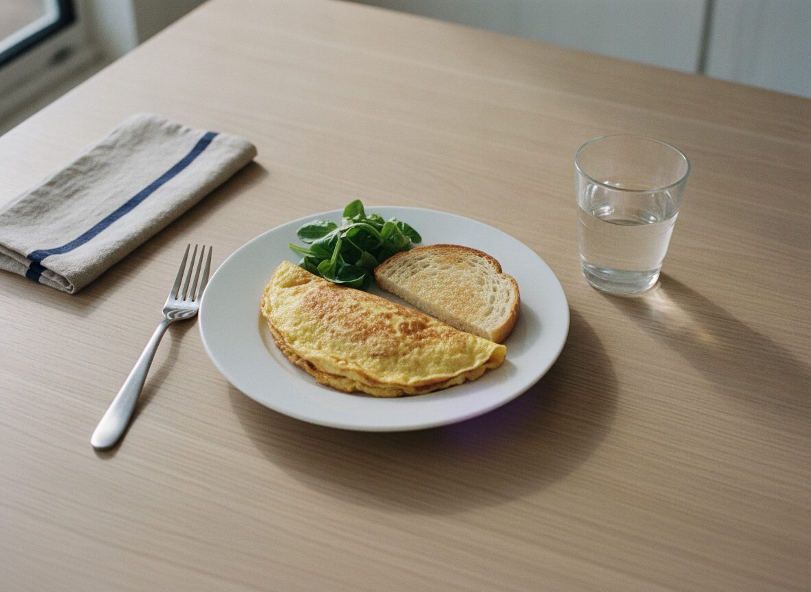 A white plate holds a folded golden omelette, one slice of toast and a few green leaves, with a steel fork on the left, a glass of water on the right and a folded grey striped napkin, all on a pale wood table.