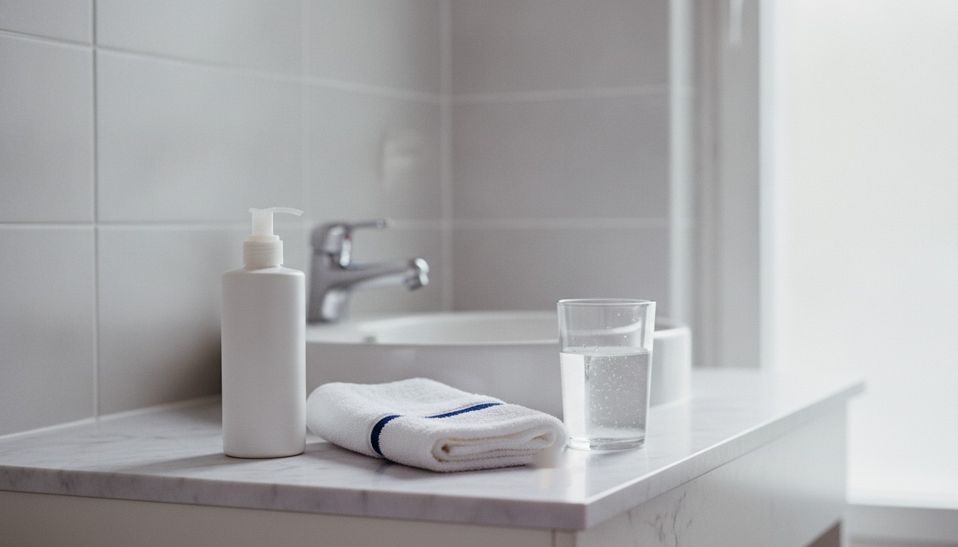 A white unlabeled pump bottle, a folded white towel with a navy stripe and a glass of water stand in a row on a white marble bathroom counter in front of a grey tiled wall and a chrome tap.