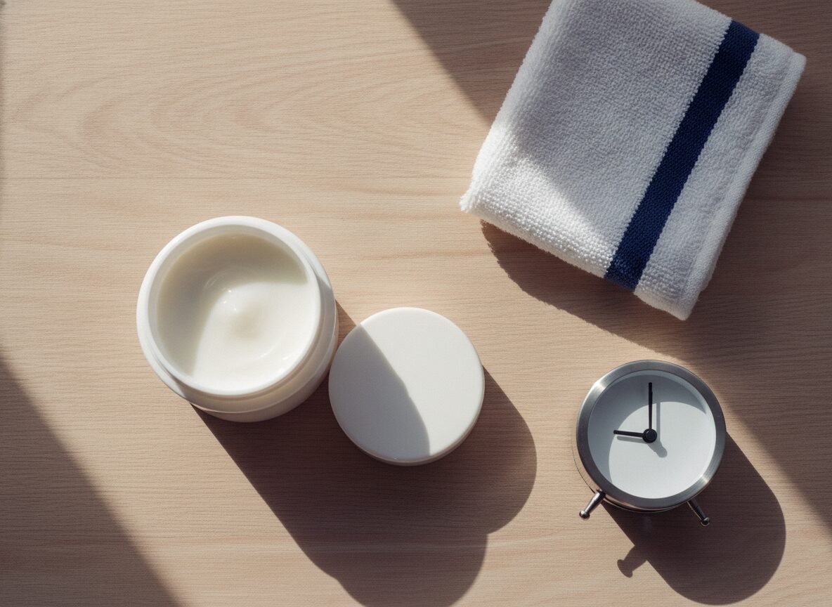 A white unlabeled jar of cream with its lid beside it, a folded white washcloth with a navy stripe and a small round clock sit on a pale oak surface seen from above.
