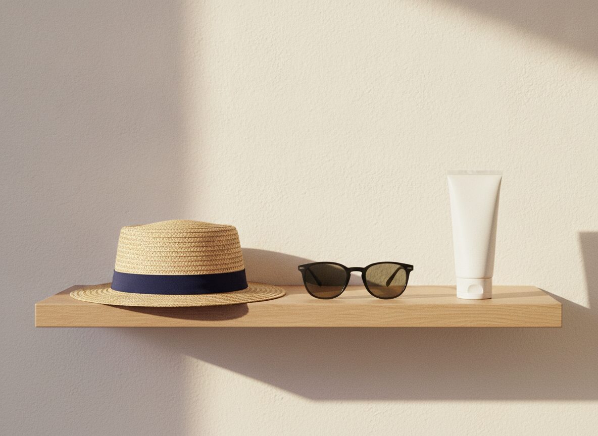 A straw hat with a navy band, a pair of dark sunglasses and a white unlabeled squeeze tube sit in a row on a light oak shelf against a cream plaster wall.