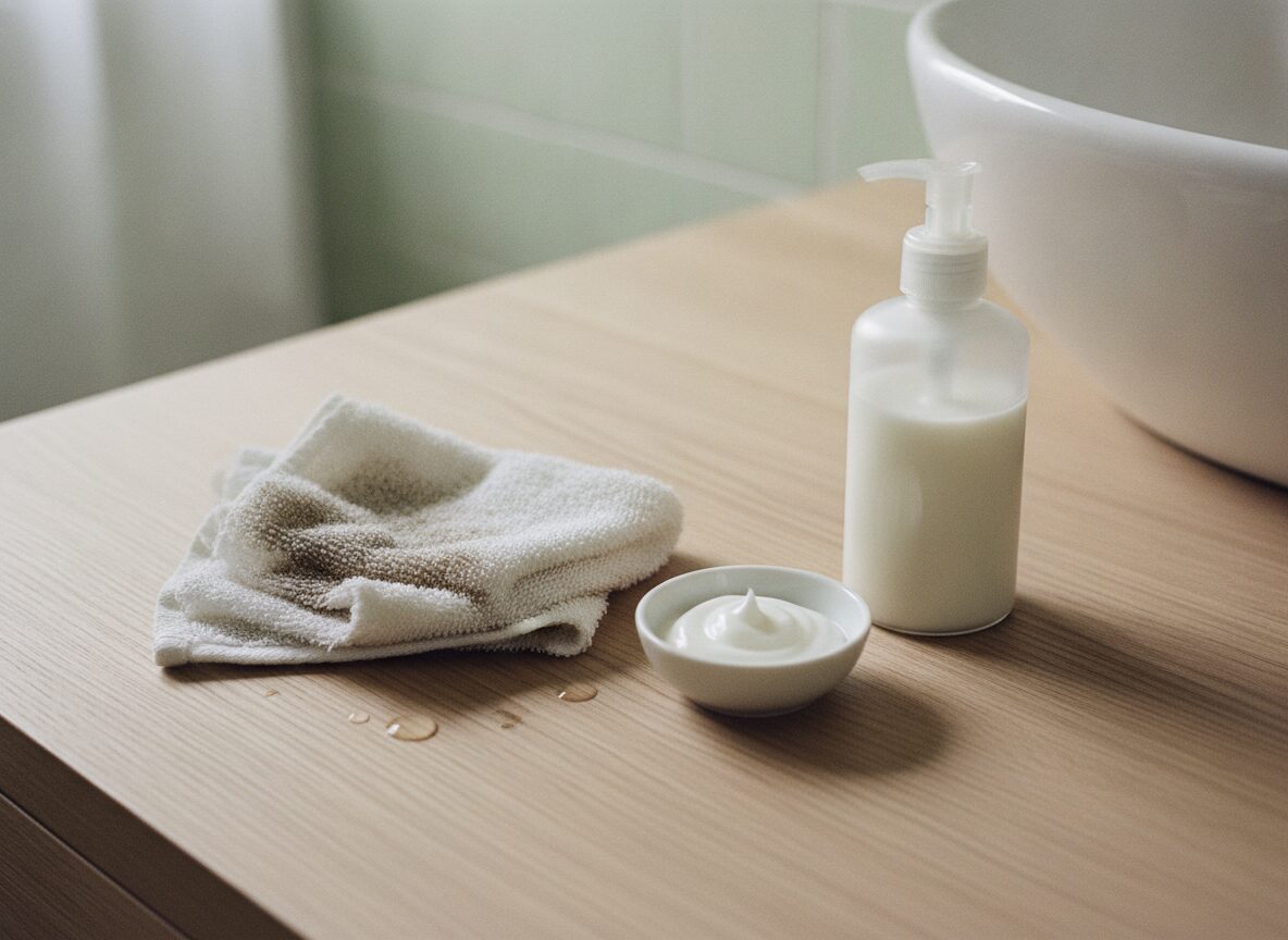 A damp washcloth, white with a darker damp patch, and a few water droplets beside it, a small white dish of cream and a clear pump bottle of white lotion sit on an oak vanity next to a white basin, with pale green tile behind.