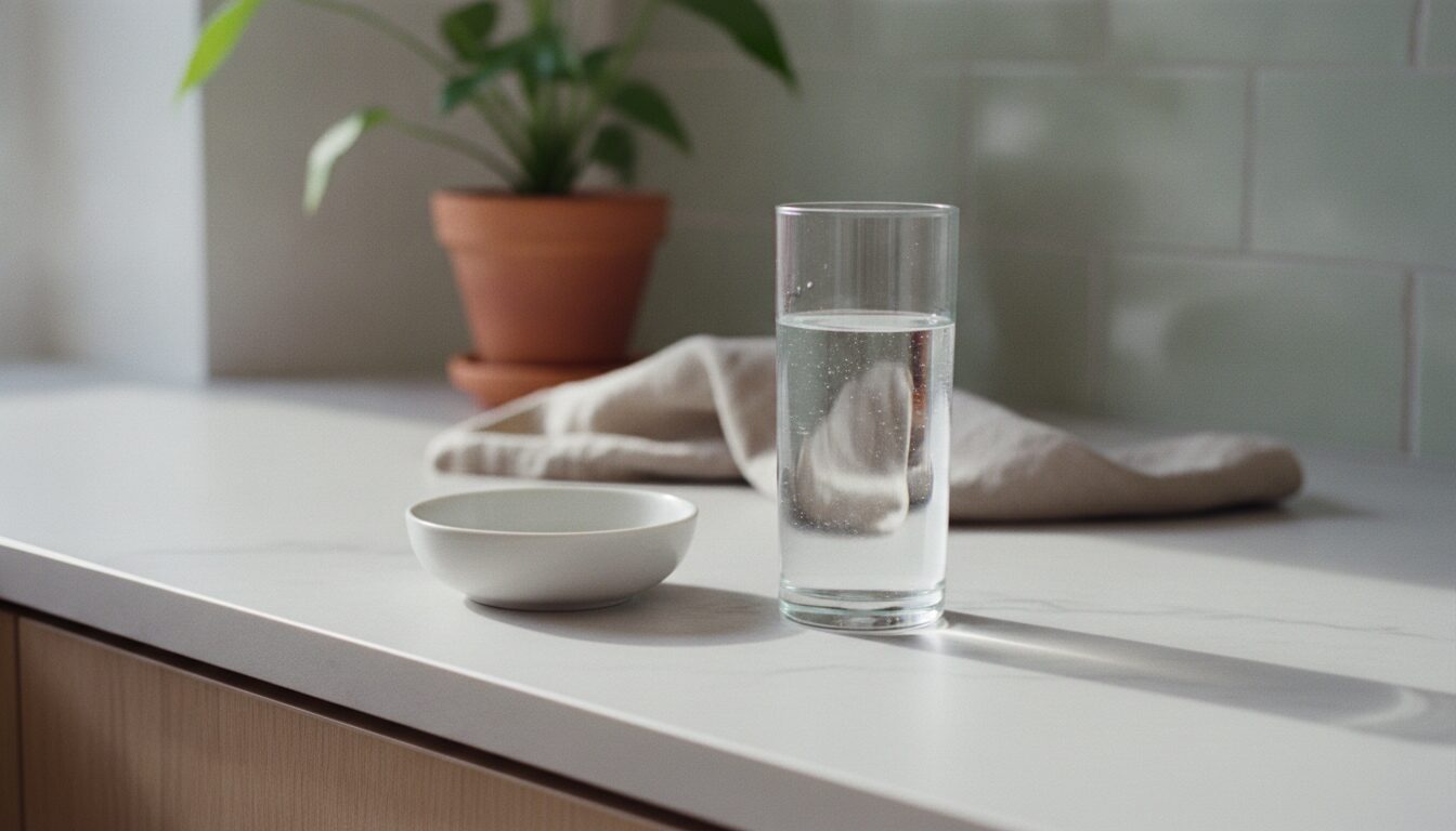 A tall clear glass of water stands on a pale kitchen counter beside a small empty white ceramic bowl, with a folded beige linen cloth, a terracotta pot holding a green plant and pale green wall tiles behind.