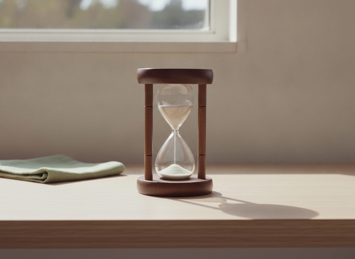 A wooden hourglass, with pale sand in the lower half of the upper bulb and a small white pile in the lower bulb, stands on a pale wooden desk beside a folded green cloth, in front of a window.