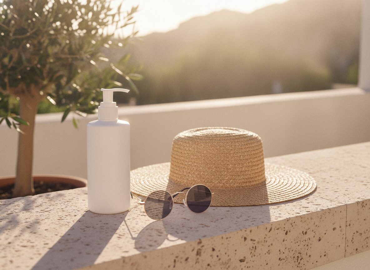 A plain white pump bottle and a pair of round dark sunglasses stand on a pale stone ledge beside a wide-brimmed woven straw hat, with an olive tree in a terracotta pot at the left and blurred hills behind.