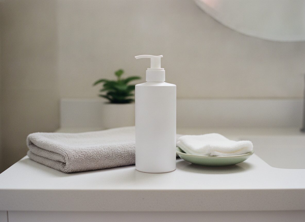 A plain white pump bottle stands between a folded grey towel on the left and a pale green dish holding a folded white washcloth on the right, on a white bathroom counter with a small green plant and the curved edge of a round mirror behind.