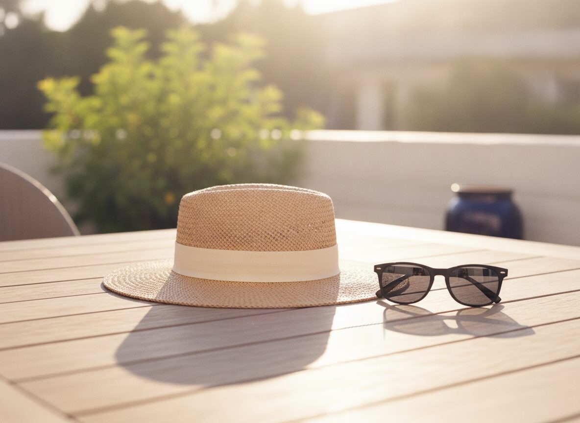 A wide-brimmed natural straw hat with a cream band and a pair of black sunglasses lie on a sunlit wooden table, with green foliage, a low white wall and a navy blue pot blurred behind them.