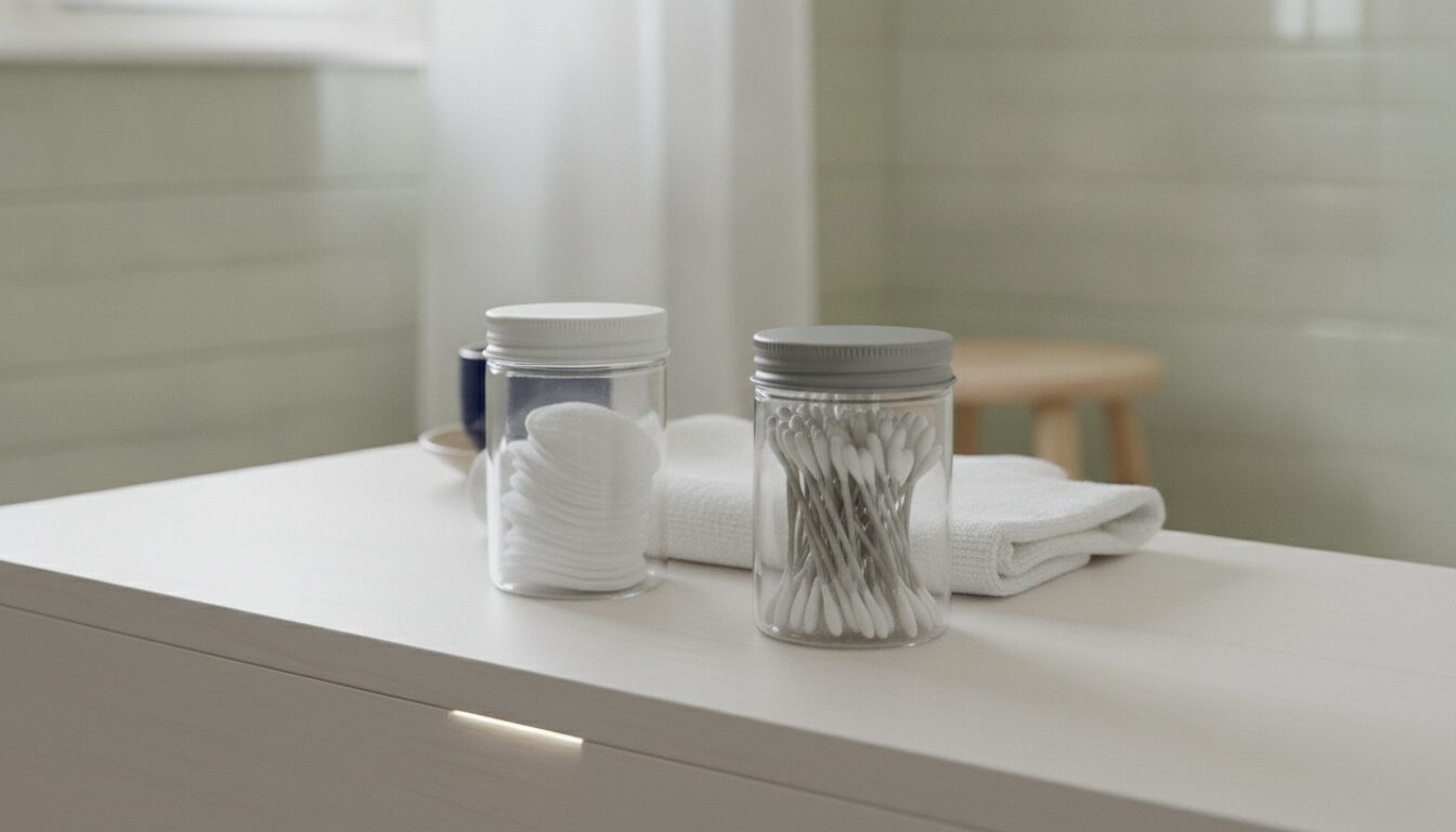 Two clear glass jars with blank lids stand side by side on a white shelf, the left with a white lid holding white cotton rounds and the right with a grey lid holding cotton swabs, with a folded white towel behind them, a navy cup half hidden behind the left jar, a wooden stool and pale green tiles.