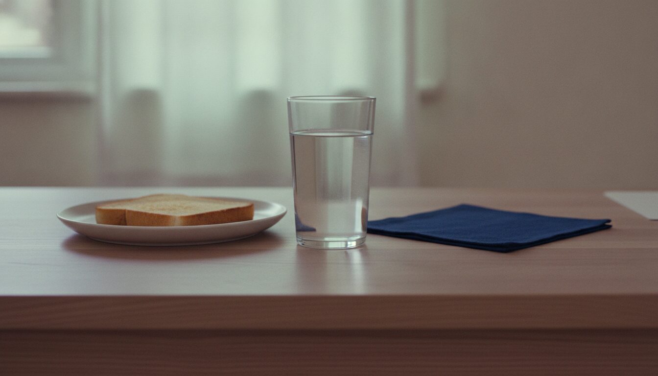 A tall clear glass of water stands on a pale wooden table between a white plate holding one slice of plain toast and a folded navy cloth napkin, with a sheer curtain and window softly blurred behind.
