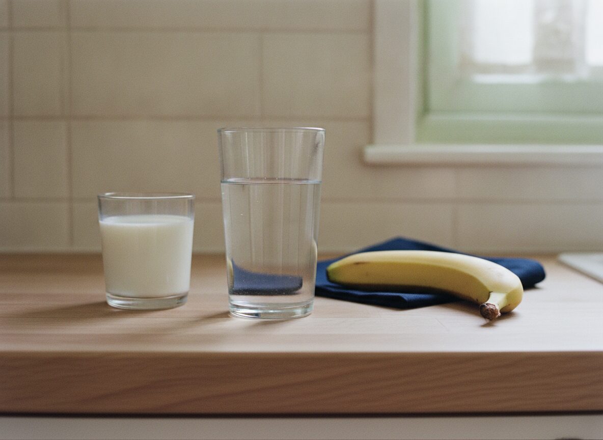 A short glass of milk, a tall glass of water and one ripe banana resting on a folded navy cloth stand on a light wooden kitchen counter in front of a cream tiled wall and a window.