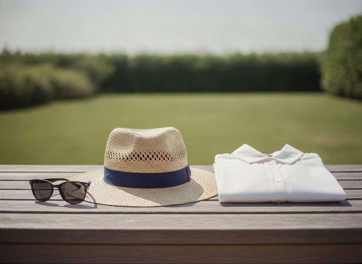 A wide-brimmed straw hat with a navy band sits on a weathered wooden bench between a pair of dark sunglasses on the left and a folded white cotton shirt on the right, with a green lawn and hedge blurred behind.